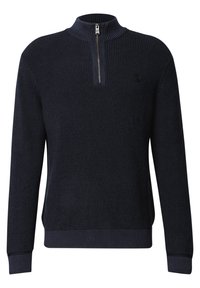 Pull en tricot bleu marine avec un col zippé à quart, texture côtelée et tissu uni. Il présente un petit logo noir sur la poitrine.
