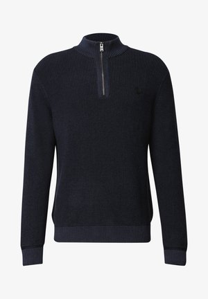 Marineblauer Strickpullover mit einem Viertel-Reißverschluss-Kragen, gerippter Textur und einfarbiger Stoffqualität. Mit einem kleinen schwarzen Logo auf der Brust.