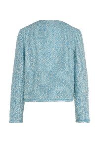Textured, light blue knitted jacket with a round neckline, long sleeves, and a cropped fit. Soft, chunky fabric with horizontal patterns.