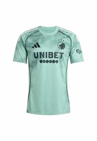 Mintgrön sporttröja med svarta detaljer, som har "UNIBET"-logotyp och lagemblem. Slät tyg, korta ärmar och rund halsringning.