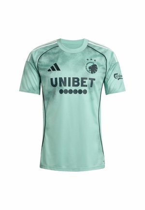 Sportovní dres v mátově zelené barvě s černými akcenty, obsahující logo "UNIBET" a týmový emblém. Hladká tkanina, krátké rukávy a kulatý výstřih.