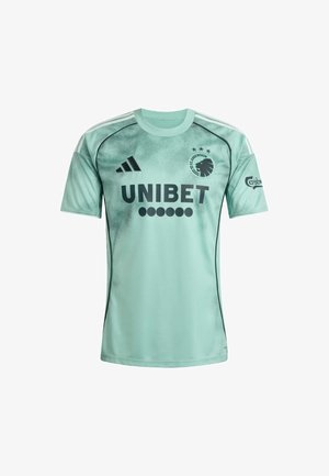 Sportovní dres v mátově zelené barvě s černými akcenty, obsahující logo "UNIBET" a týmový emblém. Hladká tkanina, krátké rukávy a kulatý výstřih.