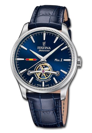Blue-dial Festina Balancier wristwatch with silver hands, open balance wheel, limited edition text, and blue leather strap with stitch details.