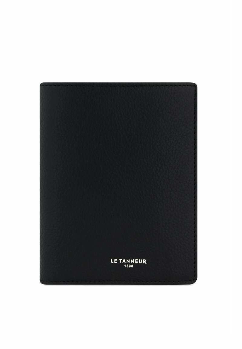 Black leather wallet with a textured surface, featuring a minimal design and gold embossed brand logo at the bottom.