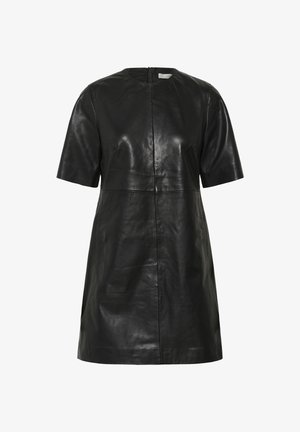 Schwarzes Lederkleid mit kurzen Ärmeln, rundem Ausschnitt und geradem Schnitt. Verfügt über eine zentrale Naht und einen dezenten Glanz. Hintere Reißverschlussöffnung.