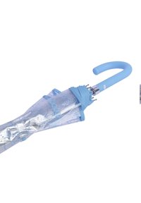 Paraguas transparente con mango azul; cuenta con un dosel azul, patrón de lunares y estructura de metal plateado para mayor durabilidad.