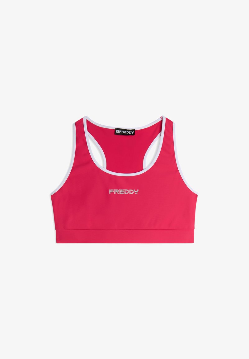 Reggiseno sportivo rosso con design a racerback, dettagli bianchi e un logo argentato centrato sulla parte anteriore. Realizzato con materiale elastico e traspirante.