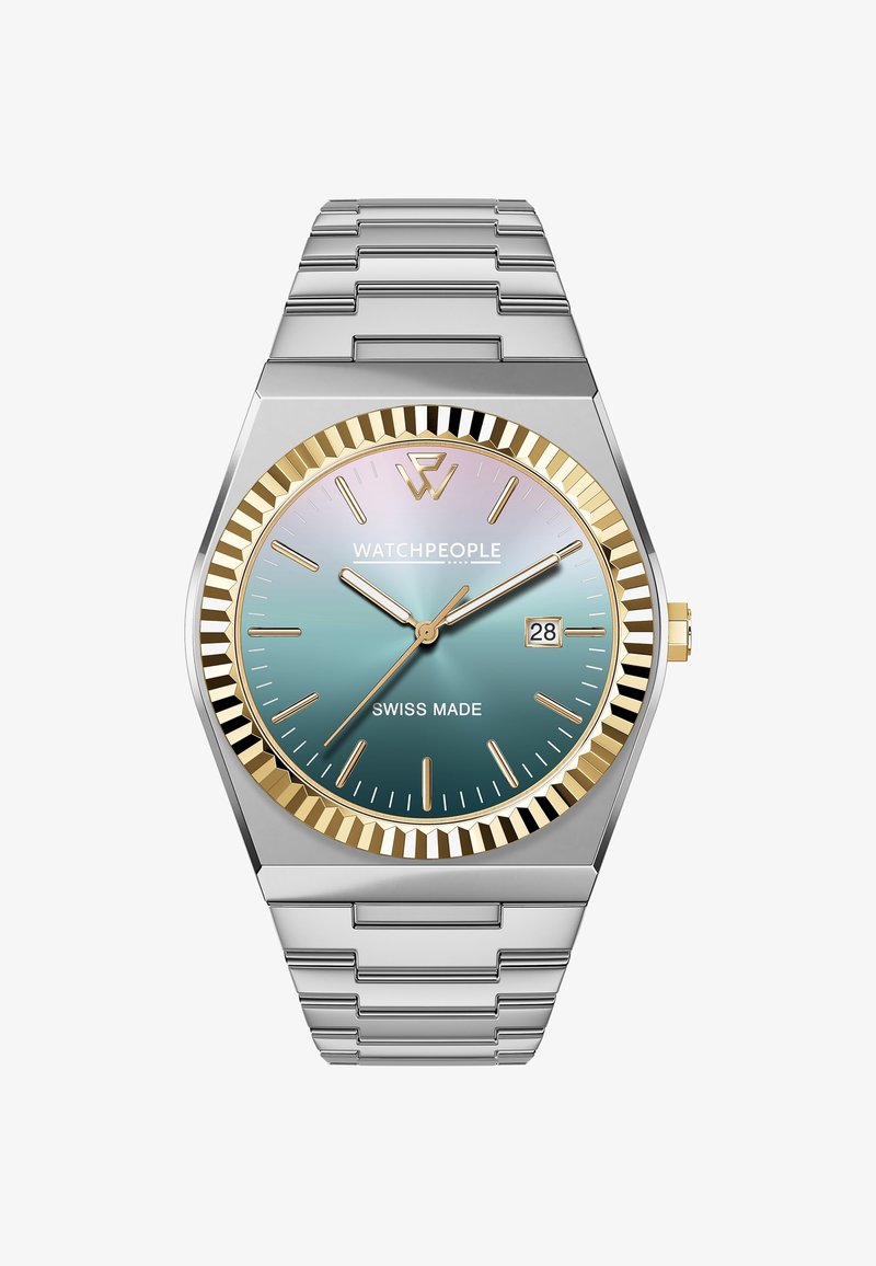 Silberne Armbanduhr mit sechseckigem Gehäuse, gradientem Ziffernblatt in Teal zu Pink, vergoldetem Rahmen und Datumsanzeige auf der Position 3 Uhr. Schweizer Qualität.