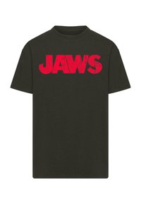 Čierne bavlnené tričko s krátkymi rukávmi, na ktorom je veľký, poškodený červený nápis "JAWS" v oblasti hrudníka. Jednoduchý dizajn s okrúhlym výstrihom.