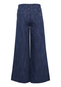 Džíny se širokými nohavicemi v tmavě modré barvě, s vysokým pasem, dvěma zadními kapsami a hladkým povrchem se jemnými vertikálními pruhy.