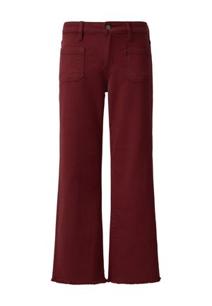 Burgunderfarbene weit geschnittene Hose mit Fronttaschen, Gürtelschlaufen, Knopfverschluss und fransigen Säumen.