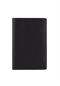 Portafoglio in pelle nera con finitura texturizzata, design a portafoglio bifold e logo impresso in modo discreto. I bordi sono cuciti per garantire durabilità.