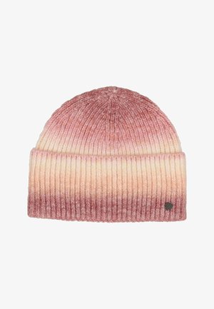 Berretto a maglia con risvolto, caratterizzato da colori gradiente che vanno dal rosa polveroso al crema, con un piccolo logo rotondo in metallo sul risvolto.
