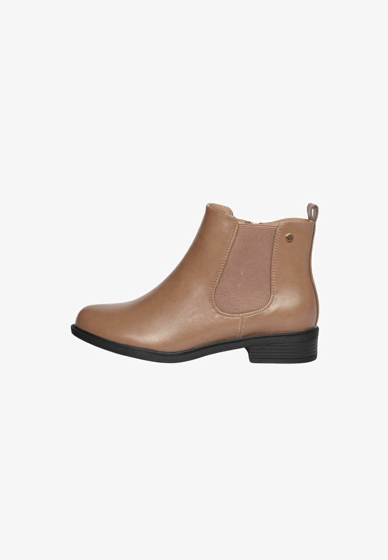 Stivale ankle in pelle marrone con pannelli laterali elasticizzati, punta arrotondata e un tacco basso nero. Presenta un gancio sul retro per una facile calzata.