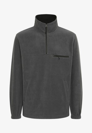 Siva flis pulover z visokim ovratnikom, polovičnim zadrgo, sprednjim žepom na prsih in stranskimi žepe; mehak tekstura in elastični manšeti.