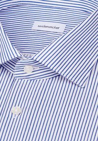 Camicia a righe blu e bianche con collo classico, chiusura con bottoni e etichetta in tessuto con la scritta "seidensticker." Tessuto in cotone.