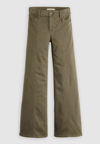 Pantalon taille haute à jambes larges vert olive avec coutures avant, fermeture bouton et poches avant.
