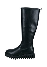 Botte noire en cuir montée jusqu'au genou, avec un bout arrondi, une surface texturée, une languette à l'arrière, et une semelle en caoutchouc épaisse avec un motif strié.