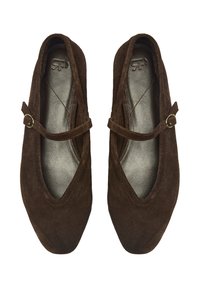 Brązowe zamszowe baleriny z okrągłym noskiem, paskiem w stylu Mary Jane z złotą klamrą oraz gładką skórzaną wkładką.