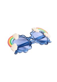 Ochelari de soare în formă de nor, de culoare albastră, cu accente în nuanțe de curcubeu și nori. Lentilele transparente și detaliile decorative oferă un design jucăuș.