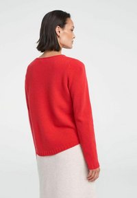 Roter Strickpullover mit rundem Ausschnitt und langen Ärmeln. Verfügt über einen gerippten Saum und eine weiche Textur. Getragen über einem hellen Rock.