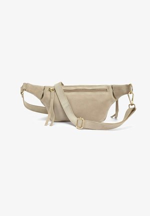 Beige suede fanny pack with a zipper pocket, adjustable strap, and gold-tone hardware accents. Flat shape with a smooth texture.