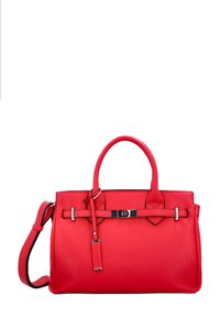 Red leather handbag with twin handles, detachable shoulder strap, silver-tone hardware, and a front strap accent.