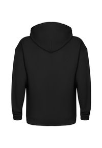 Schwarzer Hoodies mit geräumiger Kapuze, langen Ärmeln und elastischem Bündchen. Hergestellt aus weichem Stoff mit glatter Textur.
