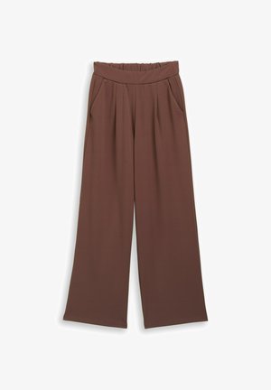 Pantalons larges marron avec une taille élastique haute, devant plissé et poches latérales. Tissu lisse avec un aspect propre et soigné.