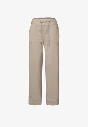 Pantalones de mezcla de algodón en color beige con cinturilla elástica y cordón, que cuentan con dos bolsillos frontales y un corte relajado con dobladillos ajustados.