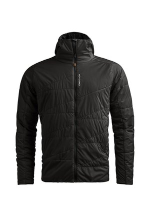 Schwarze isolierte Jacke mit durchgehendem Reißverschluss, Kapuze und diagonal gestepptem Muster. Verfügt über glatten Stoff und eine minimalistische Markenkennzeichnung auf der Brust.