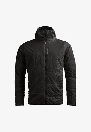 Schwarze isolierte Jacke mit durchgehendem Reißverschluss, Kapuze und diagonal gestepptem Muster. Verfügt über glatten Stoff und eine minimalistische Markenkennzeichnung auf der Brust.