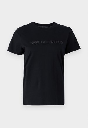 Mustkunstist must T-särk lühikeste varrukatega, ümmarguse kaelusega ning esiküljel embosseeritud logo "KARL LAGERFELD". Sile tekstuur.