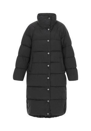 Cappotto imbottito nero con colletto alto, chiusura con bottoni e design trapuntato orizzontale. Realizzato in materiale morbido e isolante.