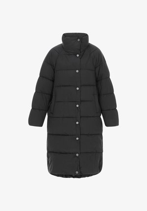 Juodas pūkuotas paltas su aukštu apykakle, mygtukų uždarymu ir horizontaliu siuvinėjimu. Pagamintas iš minkštos, šiltos medžiagos.