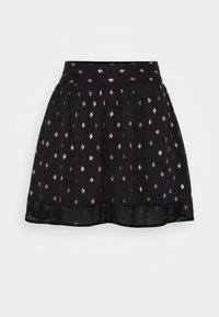 Svart kjol med utsvängd design, prydd med metalliska guld- och silverprickar, lättviktig tyg med genomskinlig nederkant och resårmidja.