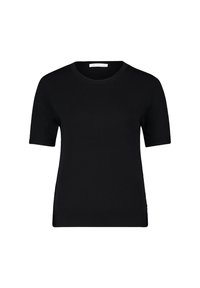 Maglione nero a maniche corte con scollatura rotonda, realizzato in morbido tessuto a maglia. Presenta una forma aderente e dettagli a coste sottili sui polsini e sull'orlo.