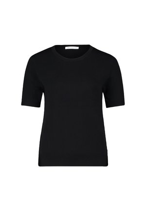 Maglione nero a maniche corte con scollatura rotonda, realizzato in morbido tessuto a maglia. Presenta una forma aderente e dettagli a coste sottili sui polsini e sull'orlo.