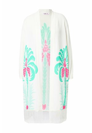 Valkoinen kevyt kimono, jossa on vihreä ja vaaleanpunainen palmupuiden printti. Omistaa fringed-helman ja löysän, rento istuvuuden. Valmistettu hengittävästä kankaasta.