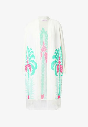 Biały, lekki kimono z zielonym i różowym nadrukiem palm. Posiada frędzlowy dół oraz luźny, swobodny krój. Wykonany z oddychającego materiału.