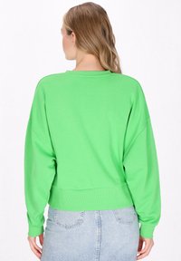 Felpa verde corta con maniche lunghe, colletto girocollo, polsini e orlo a coste. Tessuto morbido, aderente in vita, design semplice.