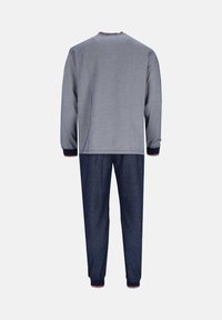 Grijze langemouwen top met een ronde hals en marineblauwe broek, met rode en witte gestreepte manchetten. Glad materiaal met een ontspannen pasvorm.