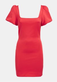 Mini-robe rouge avec un décolleté carré, des manches bouffantes et une silhouette ajustée. Confectionnée dans un tissu lisse, offrant un design épuré et des coutures minimales.