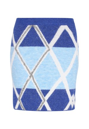 Zila adīta mini svārki ar dimanta rakstu, ar dažādiem zilās, baltās un pelēkās krāsas akcentiem, ar teksturētu mīkstu audumu.