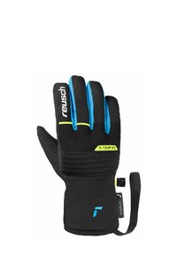 Black winter glove with blue accents, R-TEX XT label, textured palm, snug fit, and adjustable strap at wrist for secure closure.