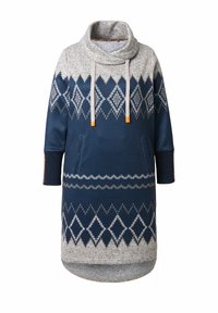 Trui-jurk in marineblauw en grijs, met een colkraag, trekkoorden met oranje accenten, zijzakken en ruitpatronen op het lichaam.