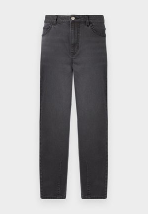Jeans de mezclilla negra con talle alto, diseño de pierna recta, dos bolsillos frontales y cierre de botón plateado. Textura suave con un ligero brillo.