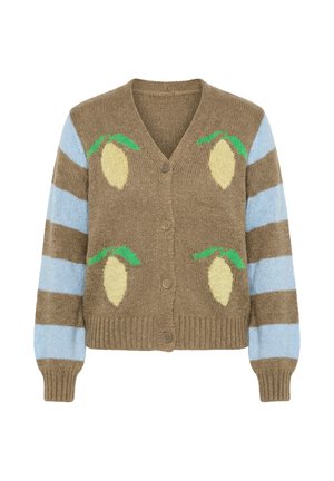 Bruin gebreid vest met blauwe en lichtbruine gestreepte mouwen en gele citroenpatronen met groene bladeren aan de voorkant, knoopsluiting.