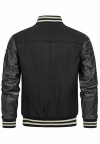 Schwarze Collegejacke mit einem Wollkörper und schwarzen Lederärmeln. Verfügt über einen gestreiften Rippkragen und -manschetten, mit kontrastierenden Details am Saum.