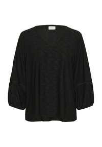 Blouse noire avec col en V et manches bouffantes. Fabriquée en tissu texturé avec un motif floral. Comprend un détail froncé aux manches.